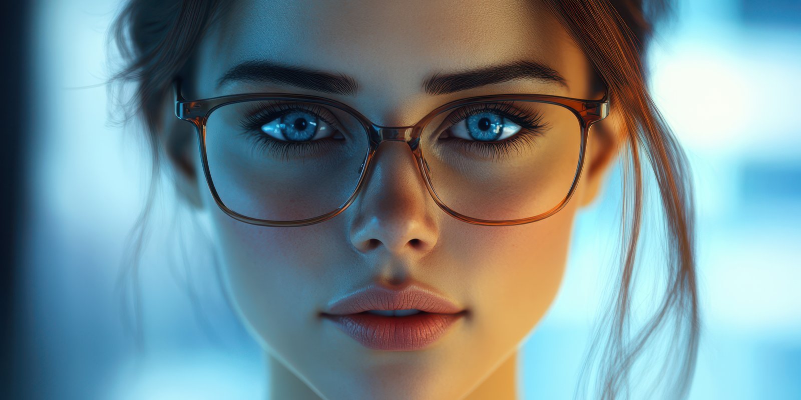 Young woman with striking blue eyes and stylish glasses poses confidently in a modern indoor setting